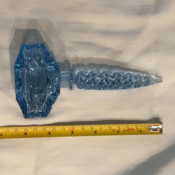 Fancy Blue Czech Perfume Bottle w/Long Pointed Stopper - Picture 2 of 2